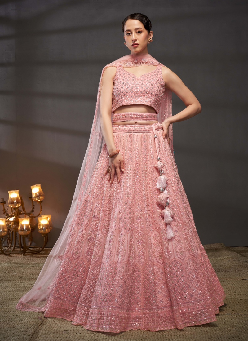 Pink Net Sequins Embroidery Wedding Lehenga Choli