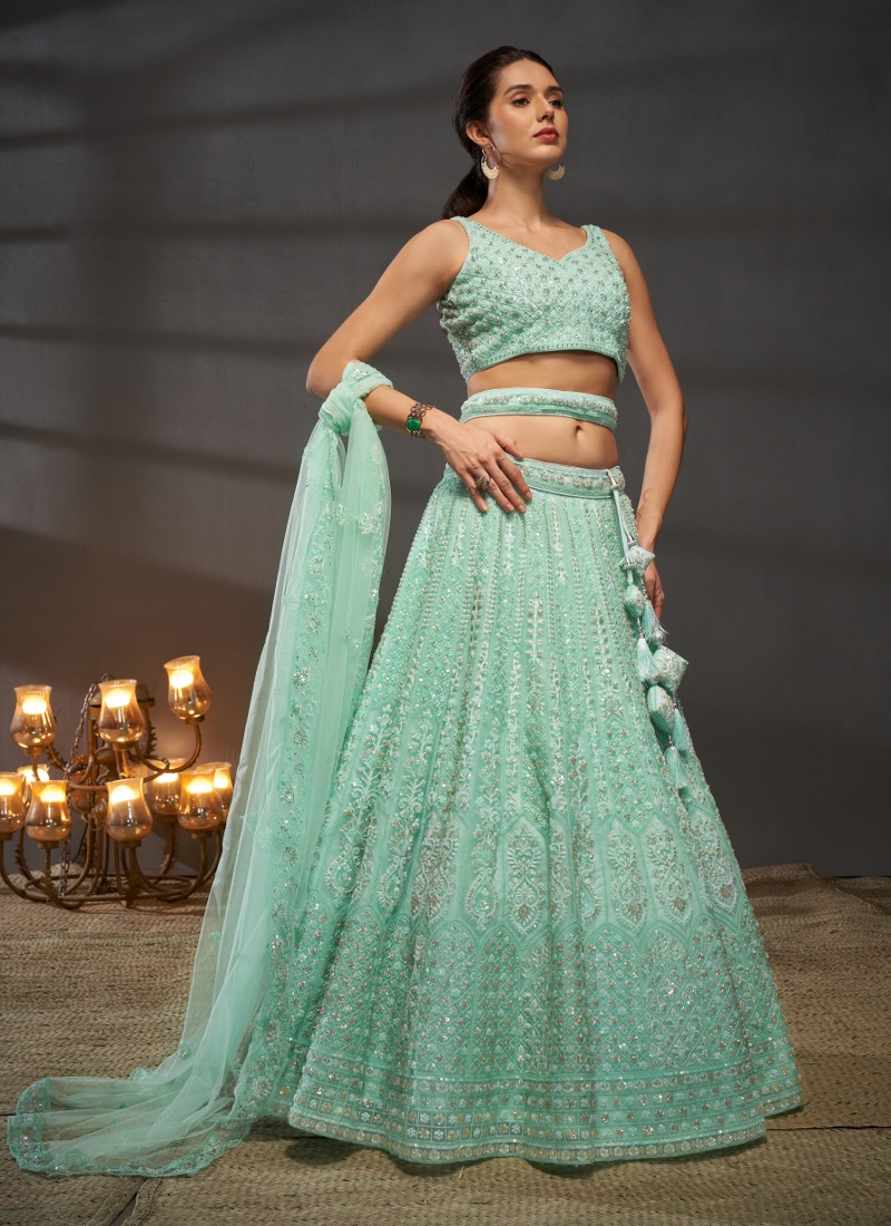 Turquoise Blue Net Embroidery Wedding Lehenga Choli