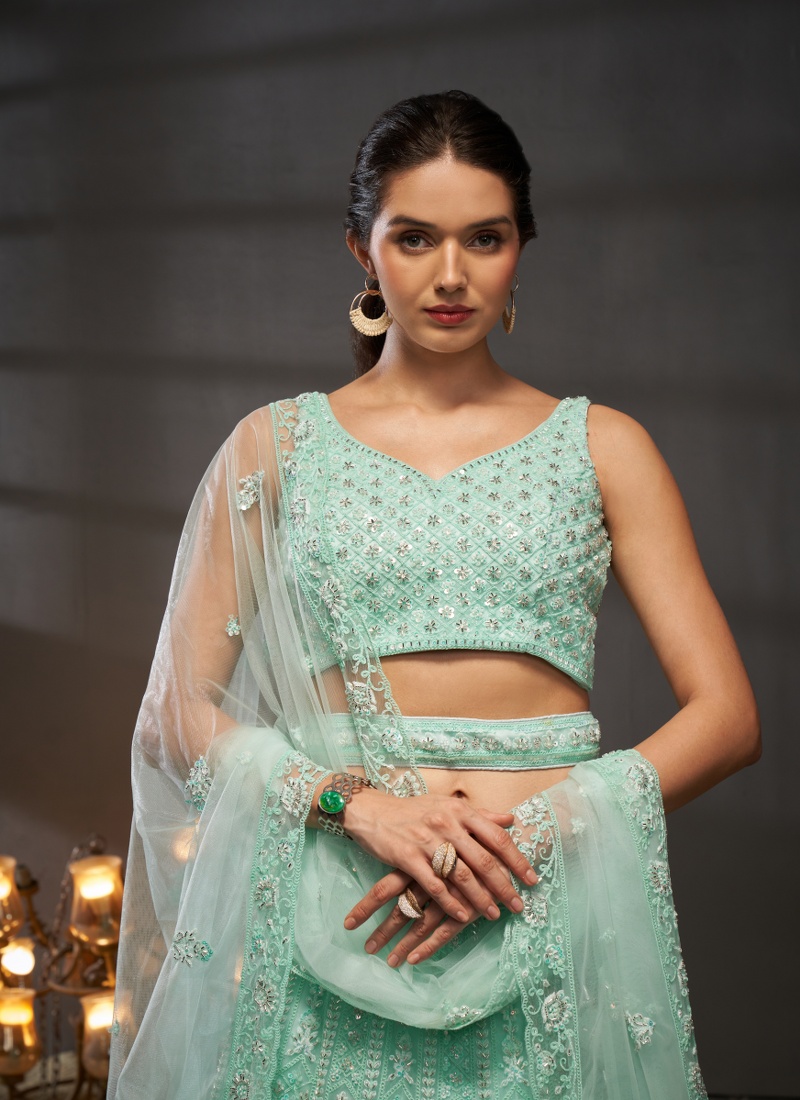 Turquoise Blue Net Embroidery Wedding Lehenga Choli