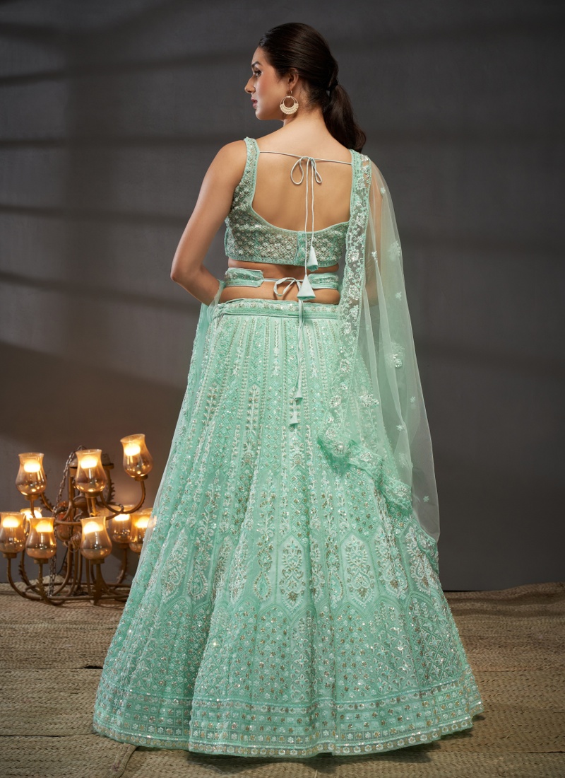 Turquoise Blue Net Embroidery Wedding Lehenga Choli