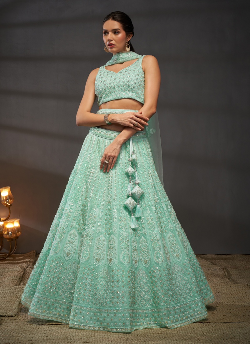 Turquoise Blue Net Embroidery Wedding Lehenga Choli