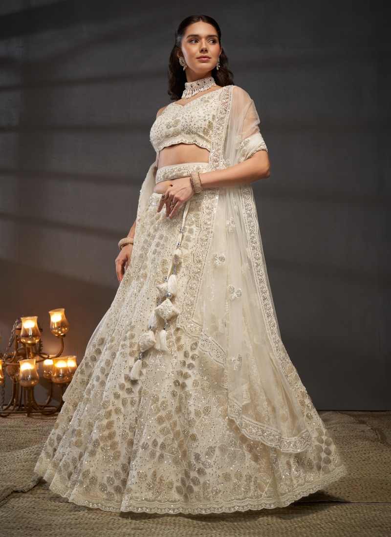 Cream Net Zarkan Embroidery Wedding Lehenga Choli