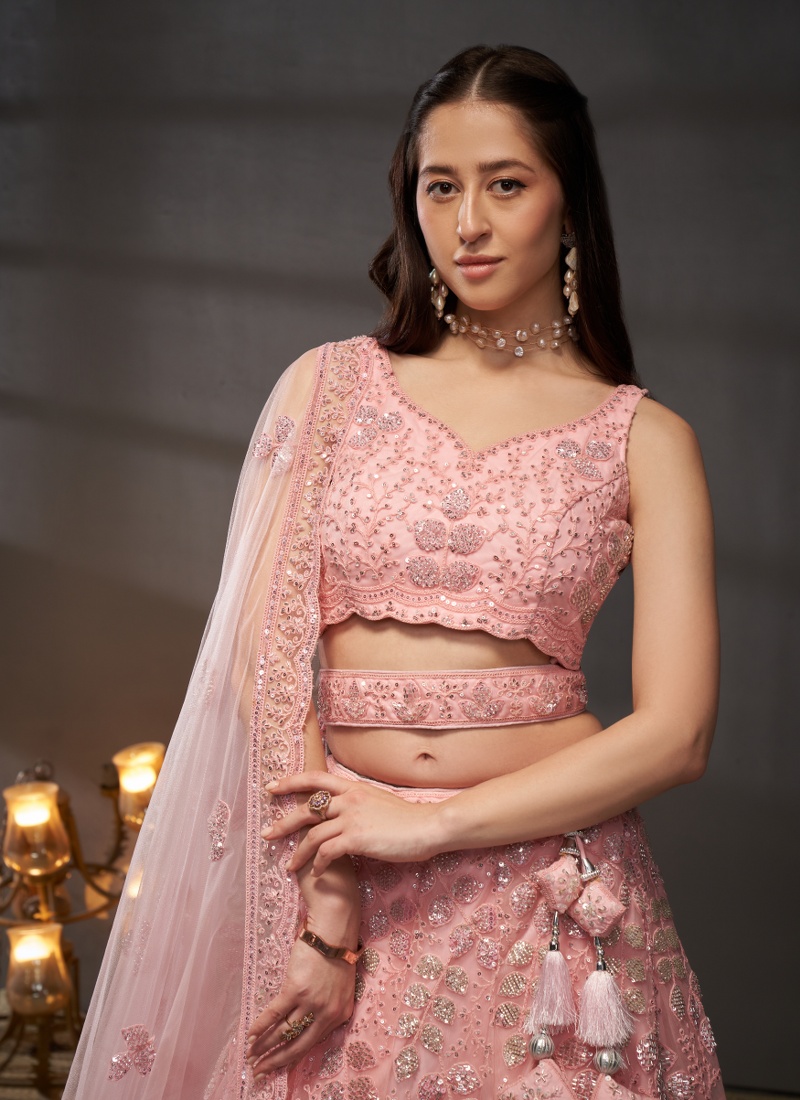 Pink Net Cutdana Embroidery Wedding Lehenga Choli