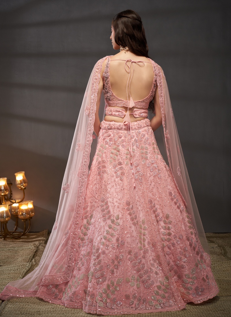 Pink Net Cutdana Embroidery Wedding Lehenga Choli