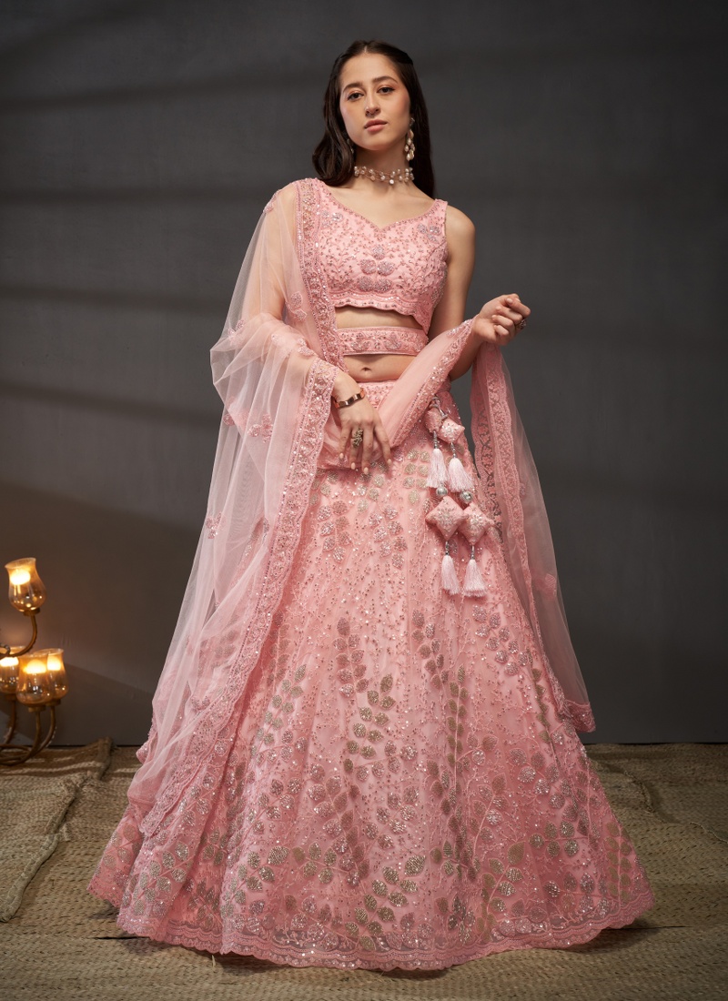 Pink Net Cutdana Embroidery Wedding Lehenga Choli