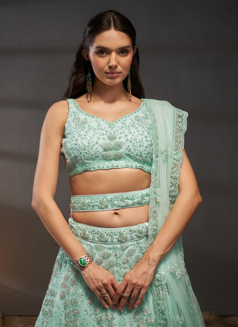 Turquoise Blue Net Sequins Embroidery Wedding Lehenga Choli