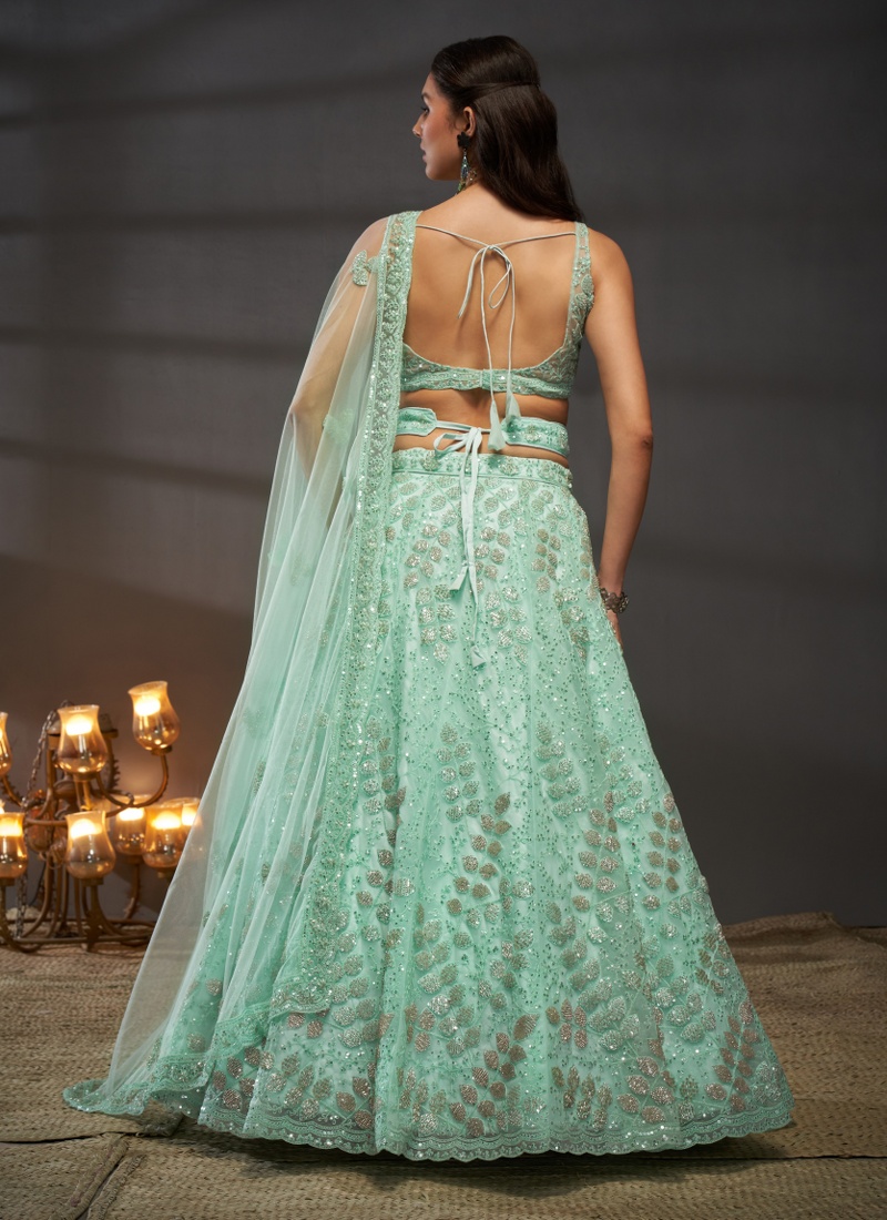 Turquoise Blue Net Sequins Embroidery Wedding Lehenga Choli