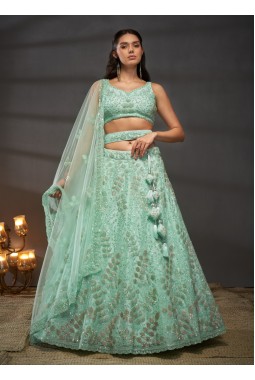 Turquoise Blue Net Sequins Embroidery Wedding Lehenga Choli