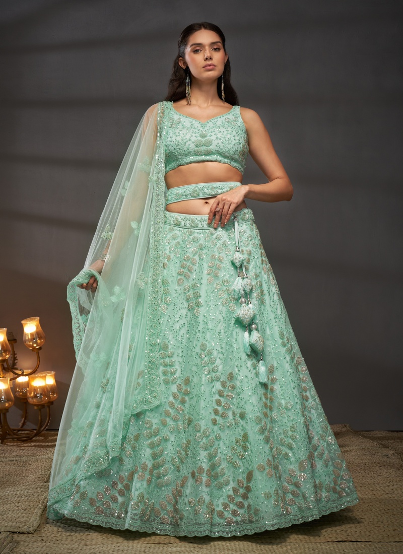 Turquoise Blue Net Sequins Embroidery Wedding Lehenga Choli