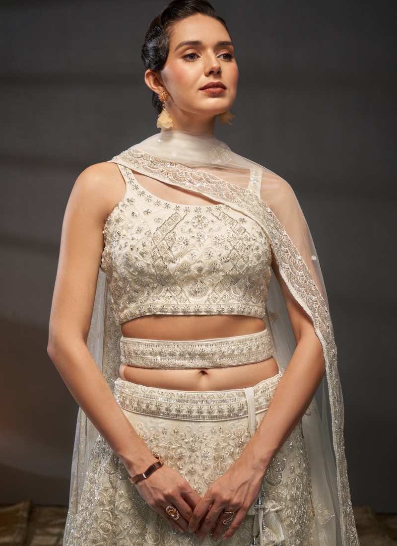 Cream Net Sequins Embroidery Wedding Lehenga Choli