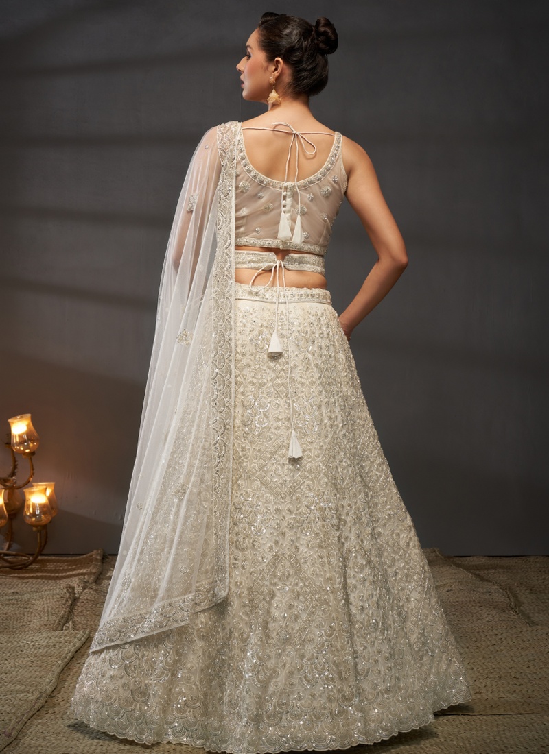 Cream Net Sequins Embroidery Wedding Lehenga Choli