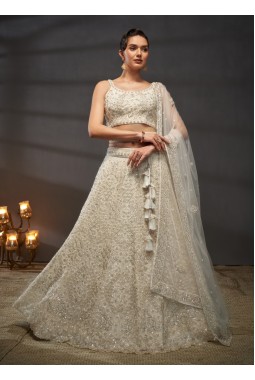 Cream Net Sequins Embroidery Wedding Lehenga Choli