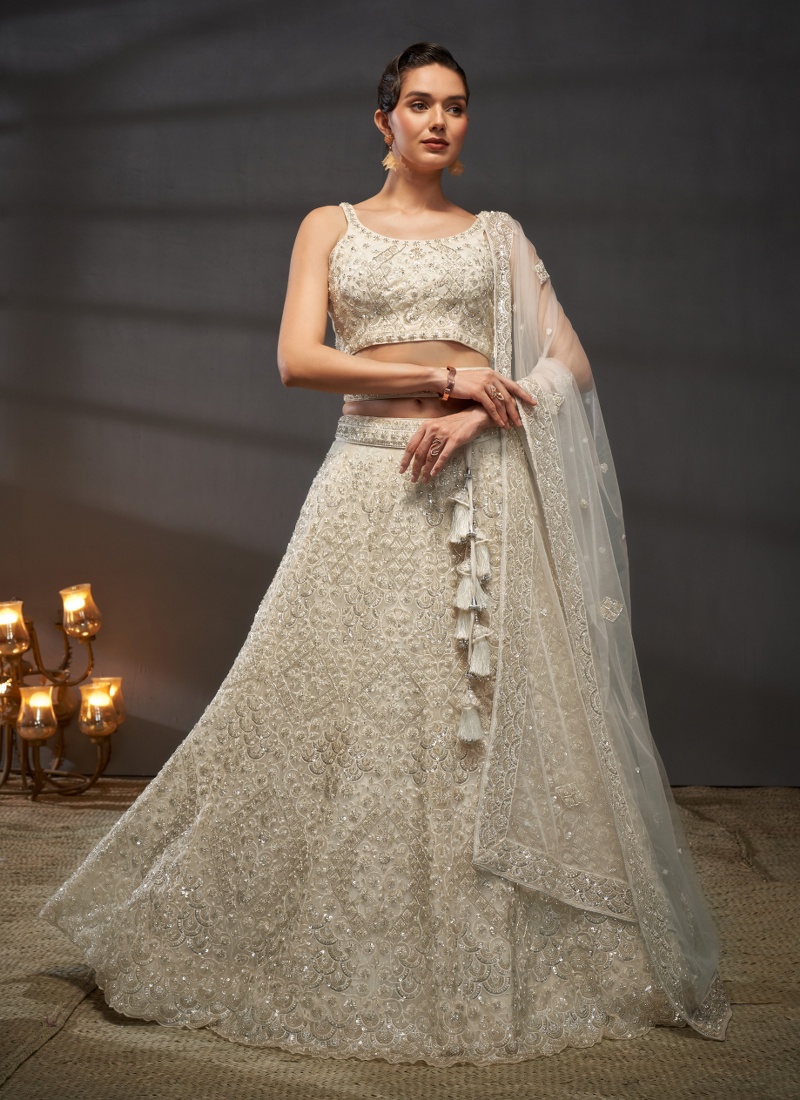 Cream Net Sequins Embroidery Wedding Lehenga Choli