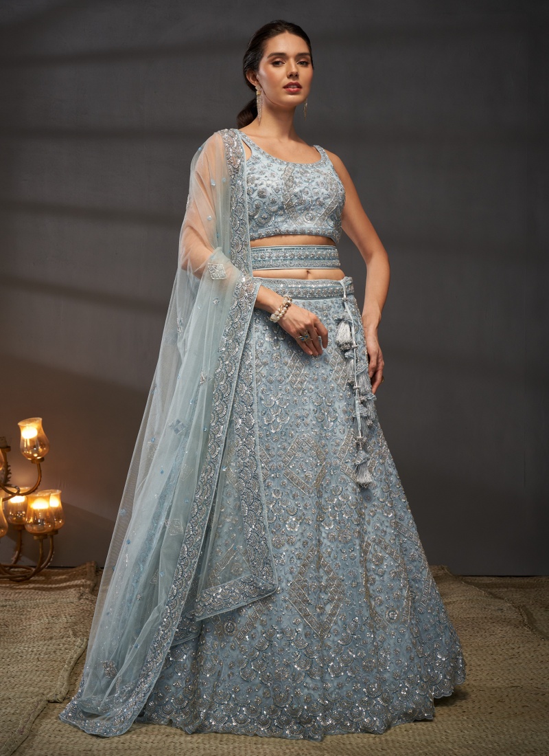 Grey Net Sequins Wedding Lehenga Choli