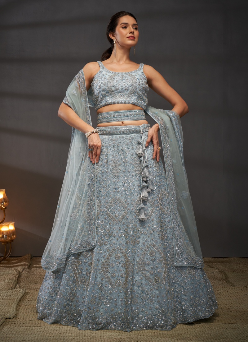 Grey Net Sequins Wedding Lehenga Choli