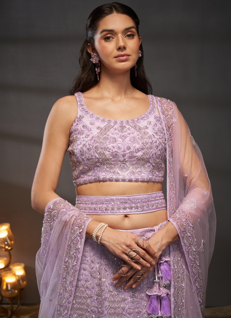 Lavender Net Cutdana Embroidery Wedding Lehenga Choli