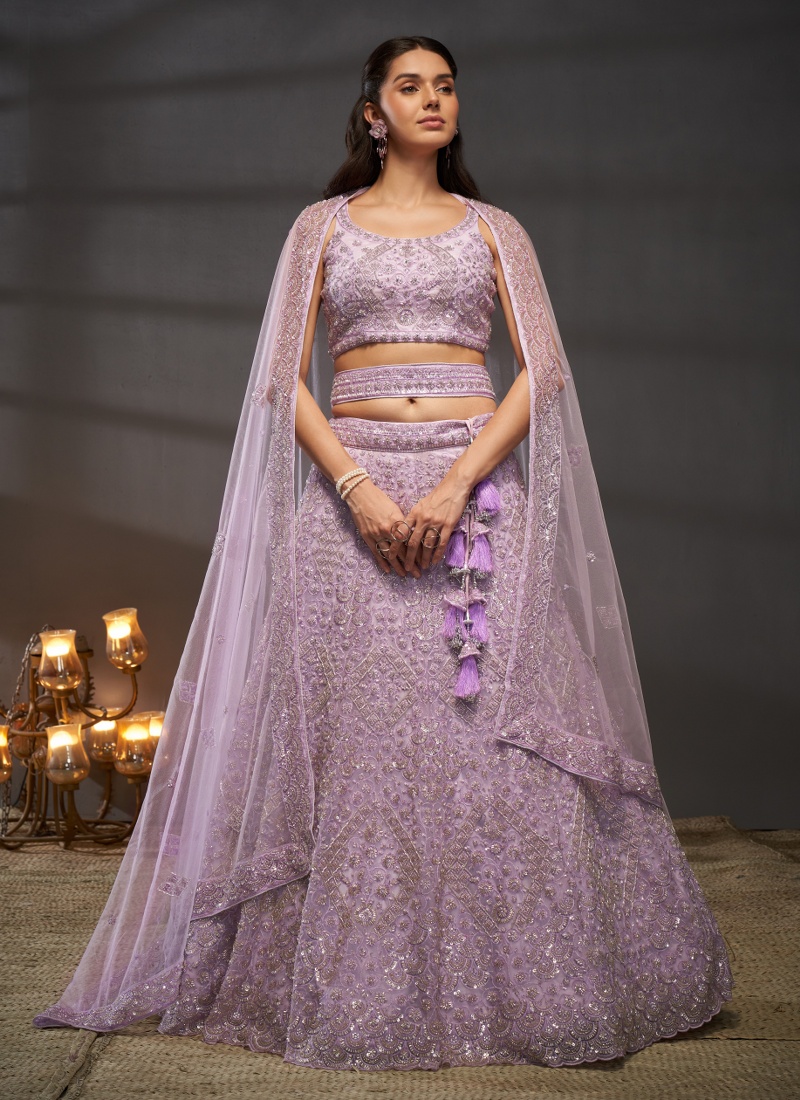 Lavender Net Cutdana Embroidery Wedding Lehenga Choli