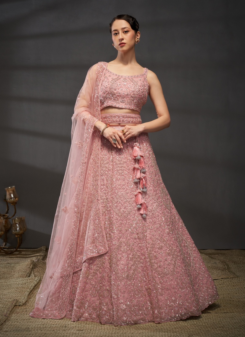 Pink Net Embroidery Wedding Lehenga Choli