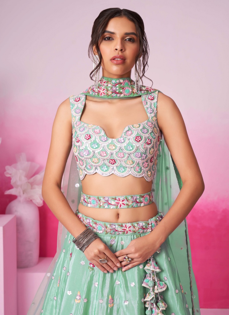 Sea Green Pure Chiffon Thread Embroidery Wedding Lehenga Choli