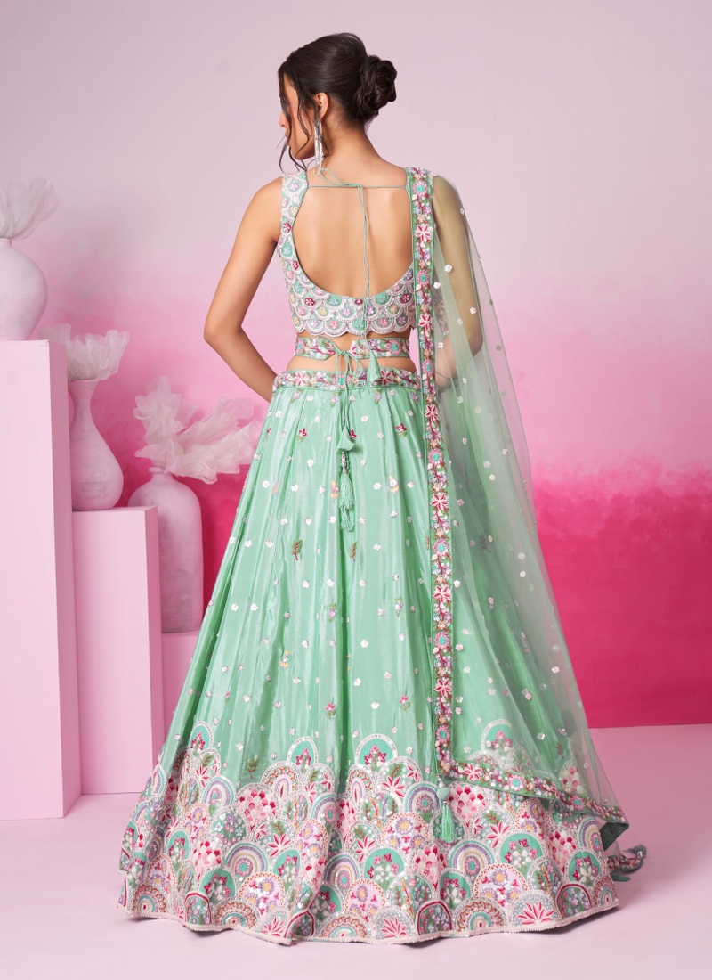 Sea Green Pure Chiffon Thread Embroidery Wedding Lehenga Choli