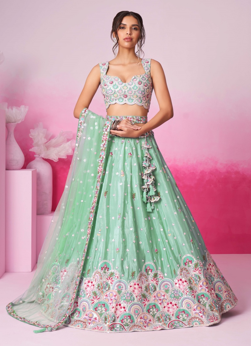 Sea Green Pure Chiffon Thread Embroidery Wedding Lehenga Choli