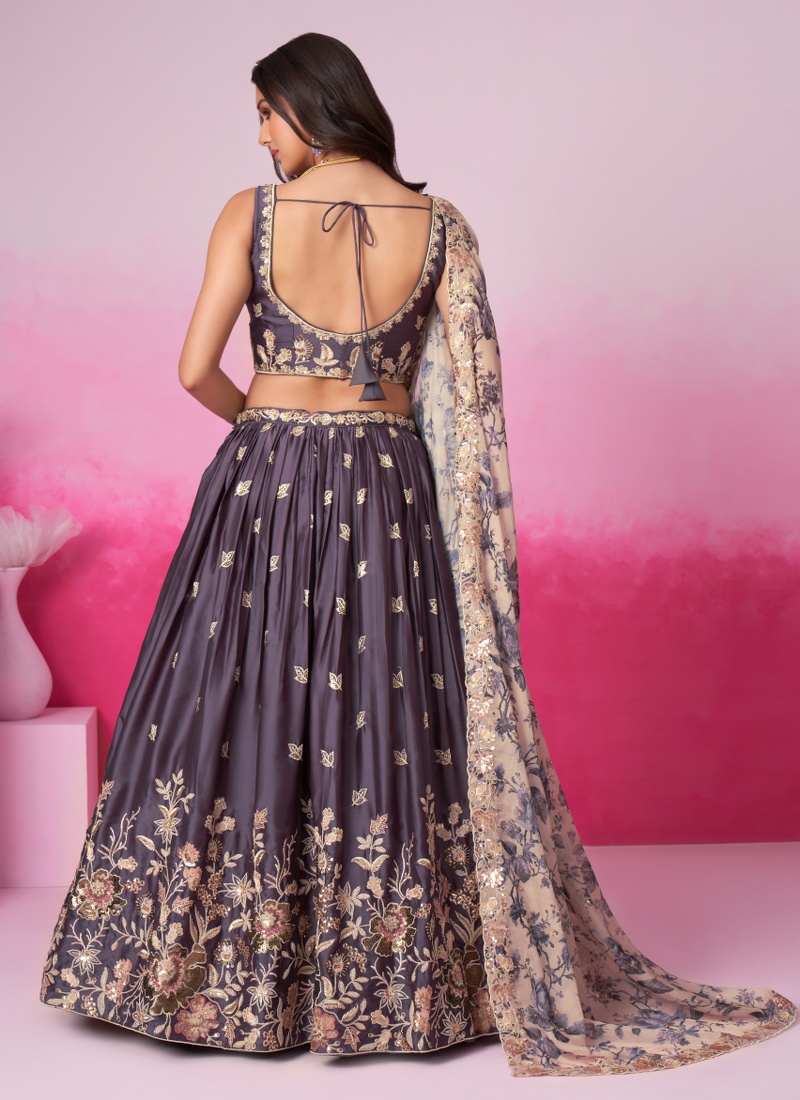 Purple Satin Silk Sequins Embroidery Lehenga Choli