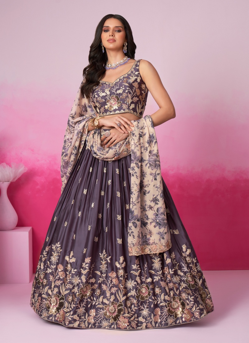 Purple Satin Silk Sequins Embroidery Lehenga Choli