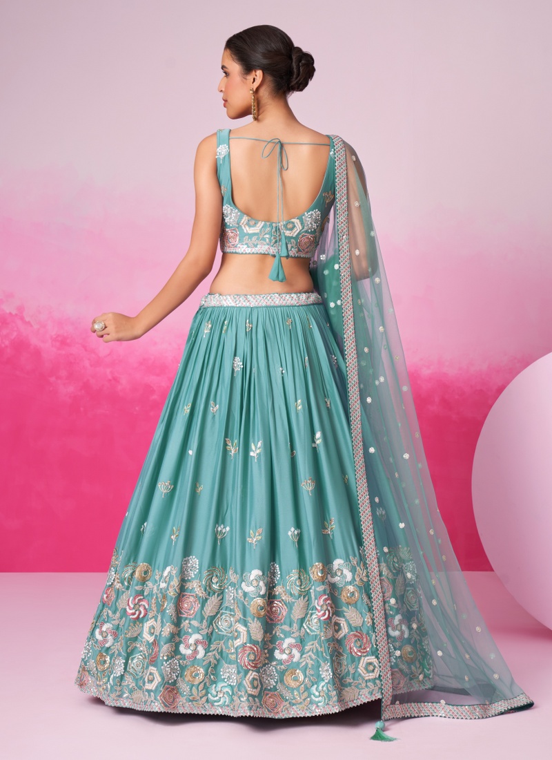 Turquois Blue Pure Georgette Sequins Embroidery Wedding Lehenga Choli