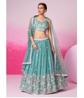 Turquois Blue Pure Georgette Sequins Embroidery Wedding Lehenga Choli