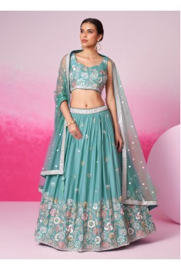 Turquois Blue Pure Georgette Sequins Embroidery Wedding Lehenga Choli