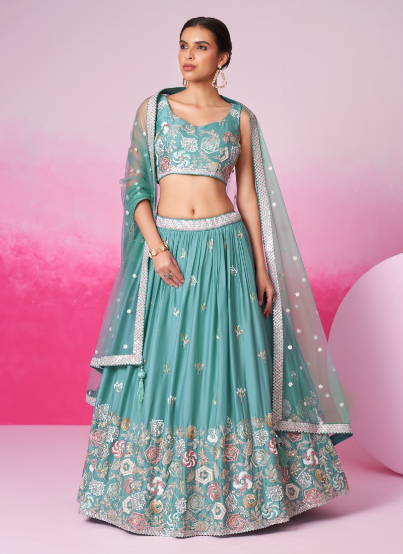 Turquois Blue Pure Georgette Sequins Embroidery Wedding Lehenga Choli