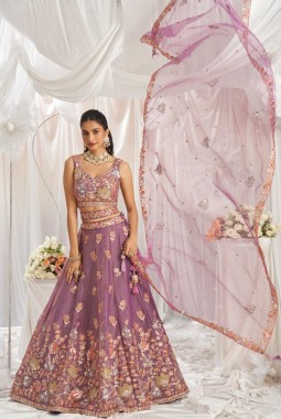 Lavender Organza Sequins Embroidery Bridal Lehenga Choli