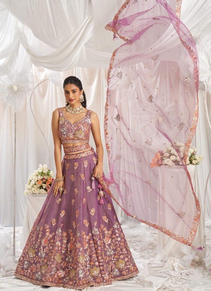 Lavender Organza Sequins Embroidery Bridal Lehenga Choli