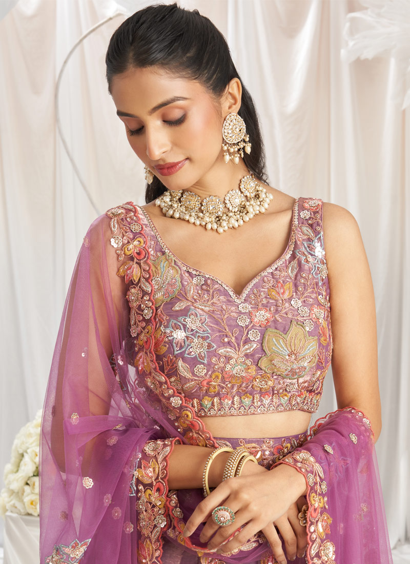 Lavender Organza Sequins Embroidery Bridal Lehenga Choli