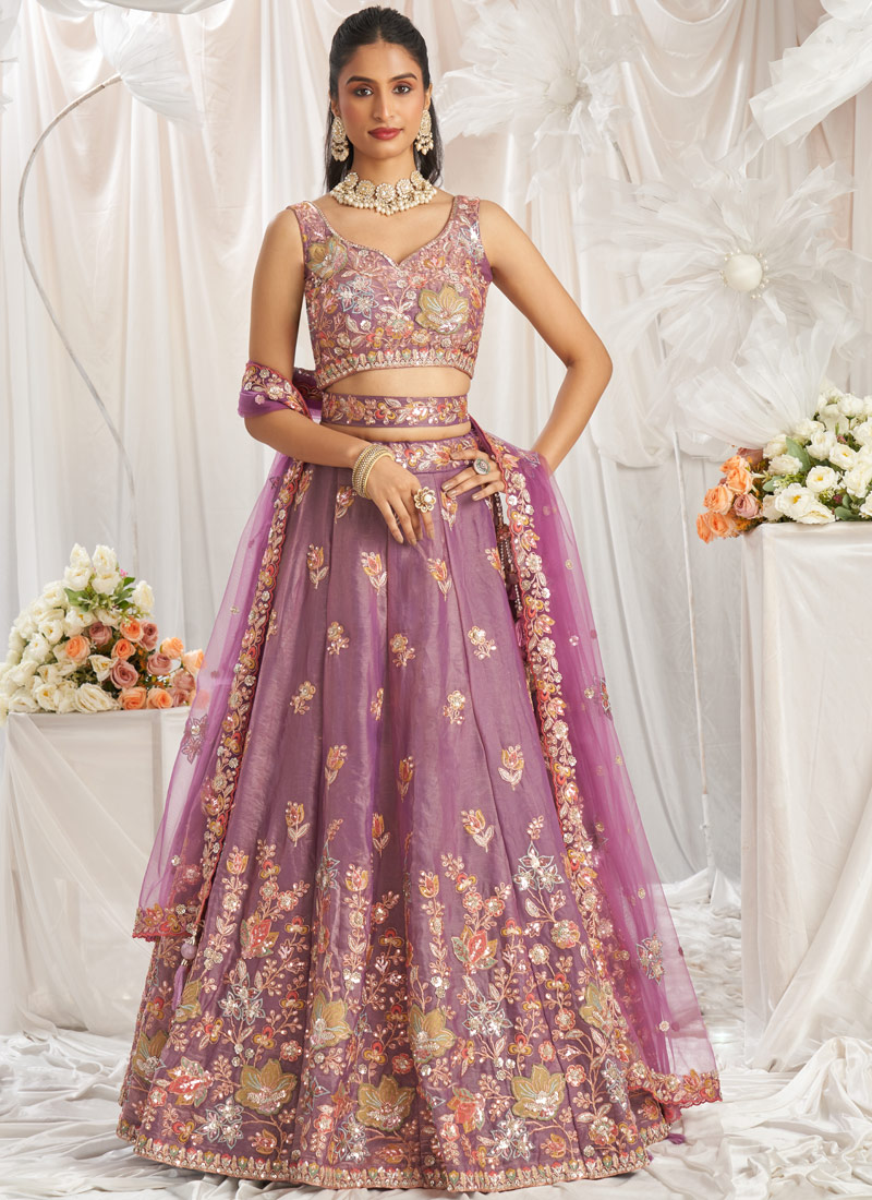 Lavender Organza Sequins Embroidery Bridal Lehenga Choli