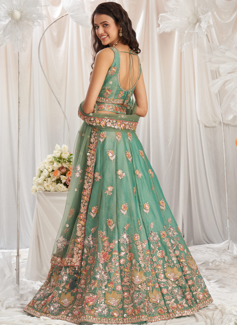 Lime green Organza Sequins Embroidery Wedding Lehenga Choli