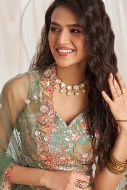 Lime green Organza Sequins Embroidery Wedding Lehenga Choli