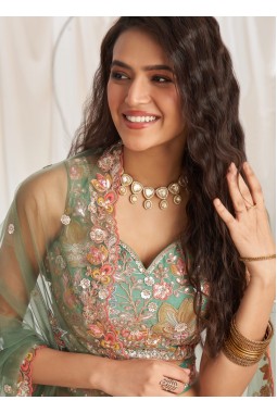 Lime green Organza Sequins Embroidery Wedding Lehenga Choli