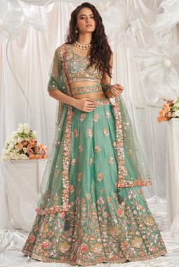 Lime green Organza Sequins Embroidery Wedding Lehenga Choli