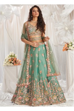 Lime green Organza Sequins Embroidery Wedding Lehenga Choli