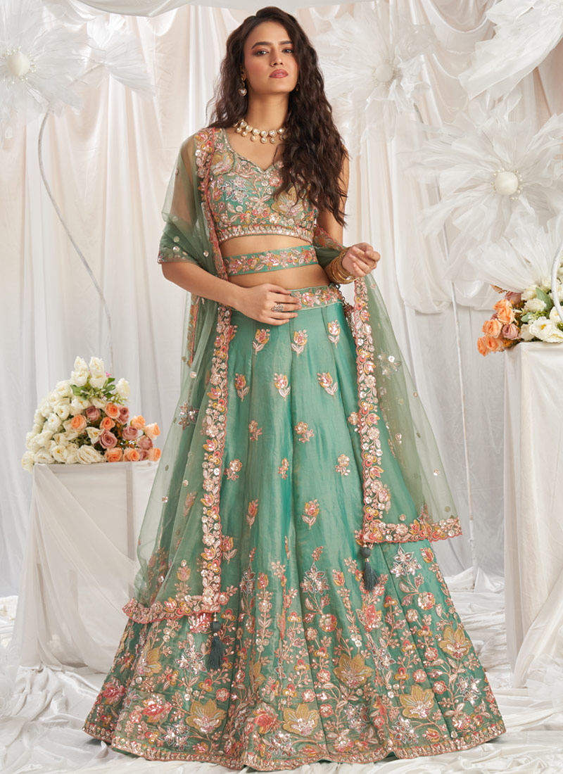 Lime green Organza Sequins Embroidery Wedding Lehenga Choli