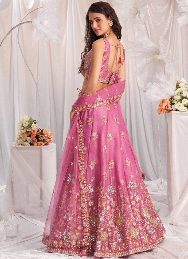 Pink Organza Sequins Embroidery Bridal Lehenga Choli