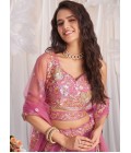 Pink Organza Sequins Embroidery Bridal Lehenga Choli