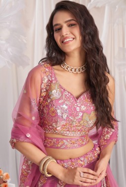 Pink Organza Sequins Embroidery Bridal Lehenga Choli