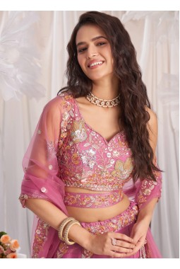 Pink Organza Sequins Embroidery Bridal Lehenga Choli