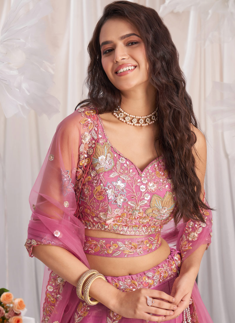 Pink Organza Sequins Embroidery Bridal Lehenga Choli