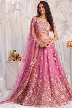 Pink Organza Sequins Embroidery Bridal Lehenga Choli