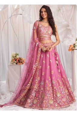 Pink Organza Sequins Embroidery Bridal Lehenga Choli