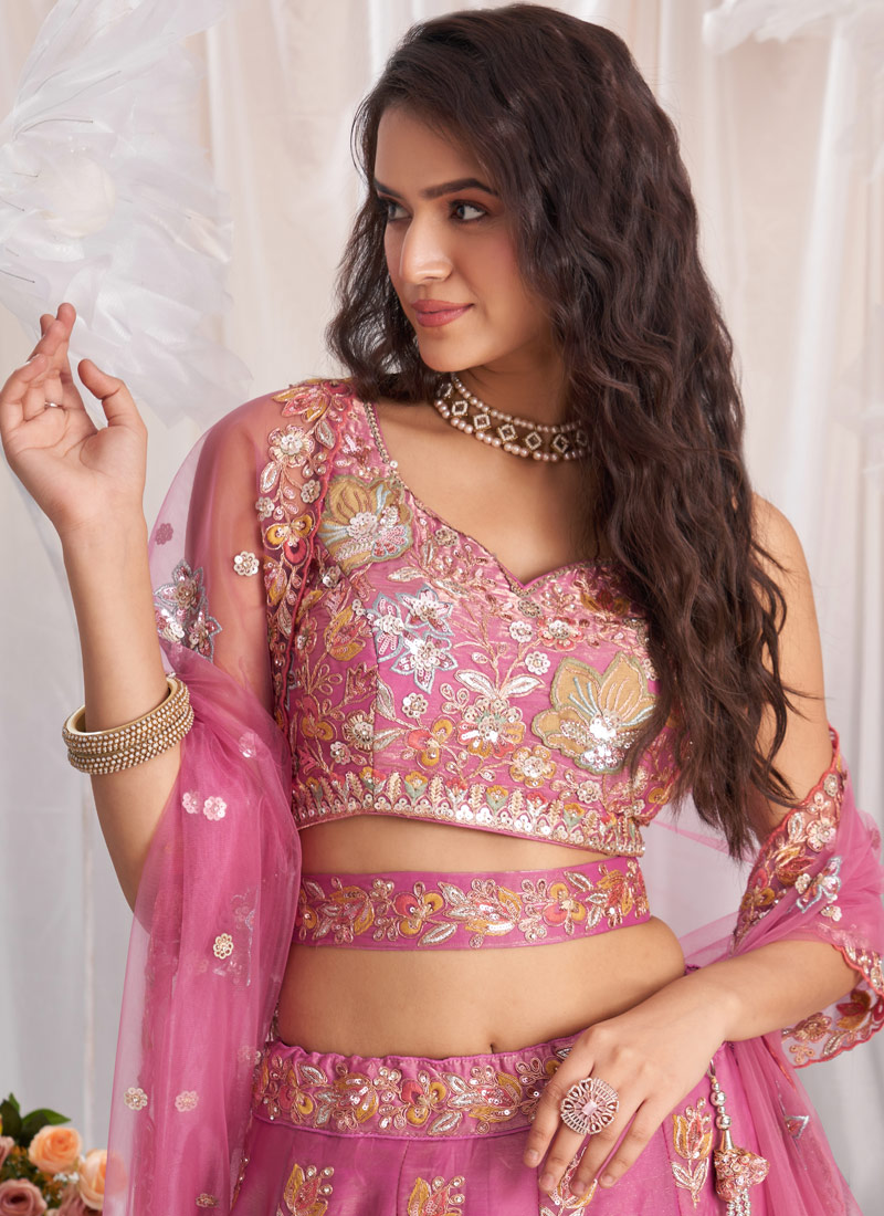 Pink Organza Sequins Embroidery Bridal Lehenga Choli