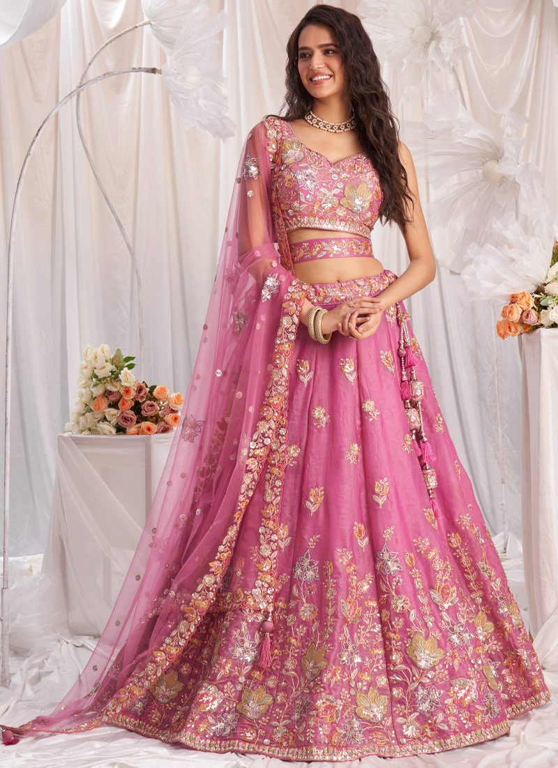 Pink Organza Sequins Embroidery Bridal Lehenga Choli